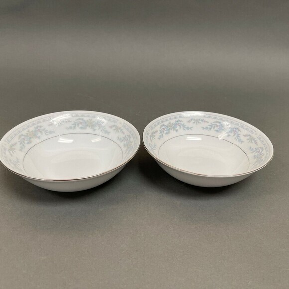 Somerset NL Excel Soup Cereal Bowl Floral White Blue Platinum Trim Lot of 2 - Picture 1 of 6